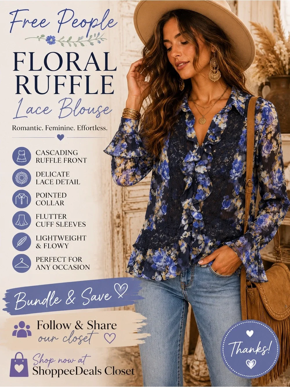 Free People Floral Ruffle Lace Blouse – Women’s XS